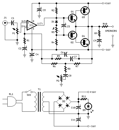 circuit diagram. Parts: P1 22K Log.Potentiometer (Dual-gang for stereo)
